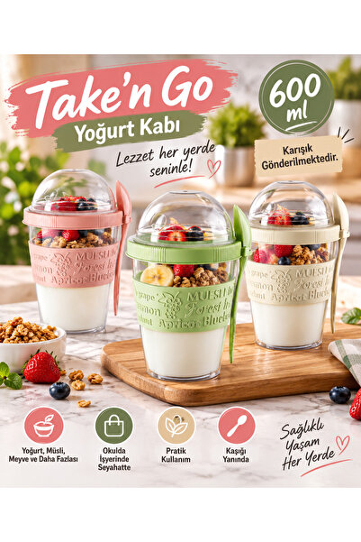 Tasarım Evi Prepare and Go Fruit Yogurt Container with Lid and Spoon 600 ml