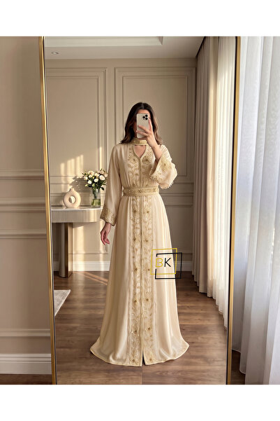 baytalkuayt 2476 Silver Vertical Embroidery Royal Belted Kaftan Evening Gown