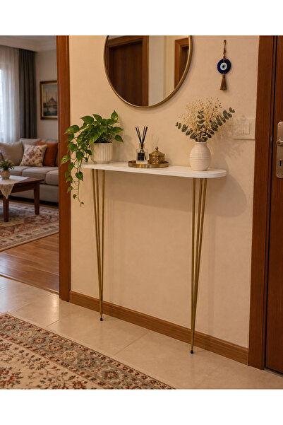 Lavientohome Beyaz Gold Ayaklı Dresuar 70 cm Dar Antre Hol Konsolu – İnce Met...