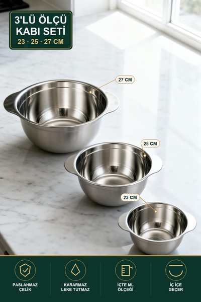 viracasa Paslanmaz Çelik Ölçekli Karıştırma Kabı 3'lü Set 1500-1850-2400 ml H...