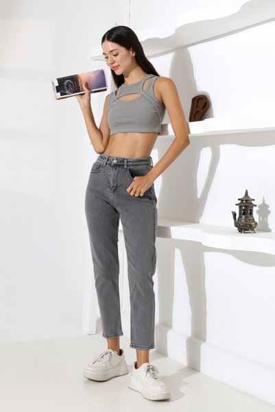 sports here Girl'S/Women's High Waist Lycra Jean Boyfriend Fit Denim Pants