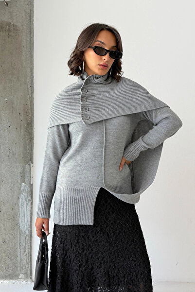 Lusin Women's Gray Buttoned Shawl Detailed Slit Premium Quality Knitwear Ponc...
