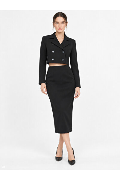 KAJ Crop Blazer Ceketli Dabıl Etek Takım Siyah