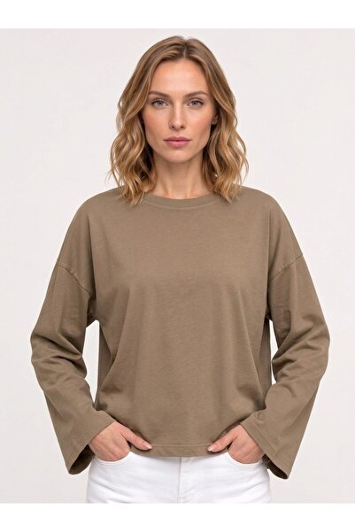 Co Trendiz Kadın %100 Pamuk Bisiklet Yaka Uzun Kollu T-shirt Vizon