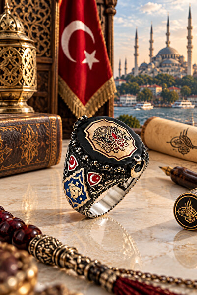 Siset Gümüş 925 Ayar Kehribar Taşlı Osmanlı Devlet Armalı Erkek Gümüş Yüzük