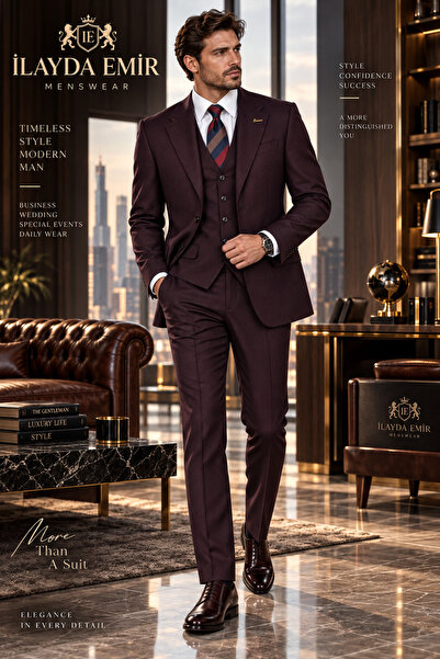 ilayda emir Men's Slim Fit Suit Burgundy Stylish Classic Jacket Trousers Set