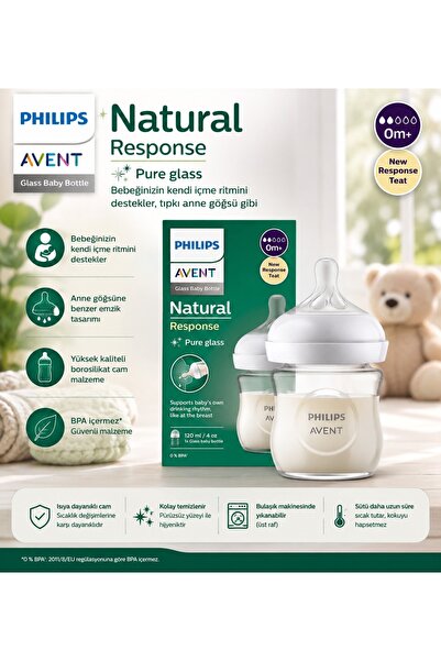 Philips Elvt Yeni Şık Doğal Tepkili Cam Biberon, 120 ml, 0 Ay+, Akıtmaz Emzik...