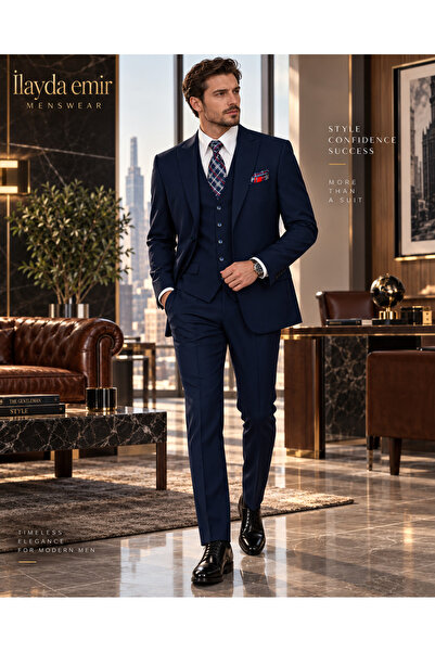 ilayda emir Men's Slim Fit 3 Piece Suit Navy Blue with Vest