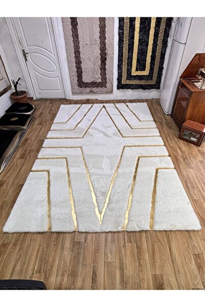 SANCAK DERİ HALI LÜKS GOLD VARAKLI EKRU PELUŞ HALI