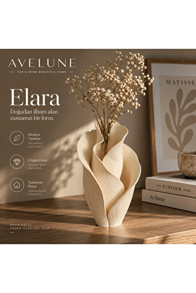 avelune design Elara Vazo Krem Modern 3D Tasarım Yaprak Dokulu Dekoratif Vazo...