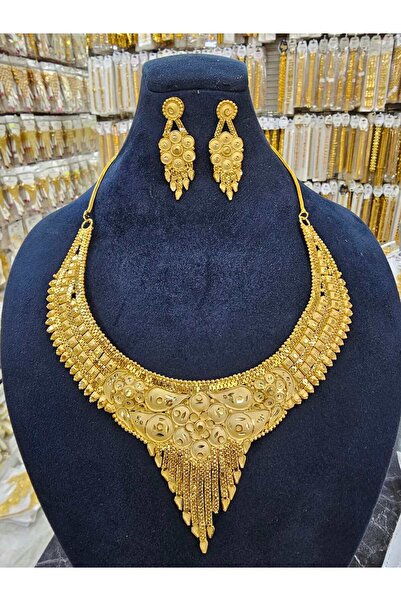 barisiva gold 22 AYAR ALTIN KAPLAMA HİNT KOLYE KÜPE SETİ ŞIK DESENLİ