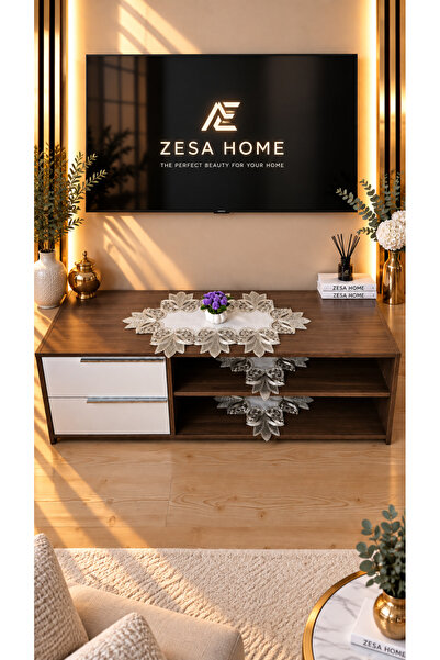 ZESA HOME Luxury French Lace, Linen Gardenia, 3 Piece Tv Unit Cover, Living R...