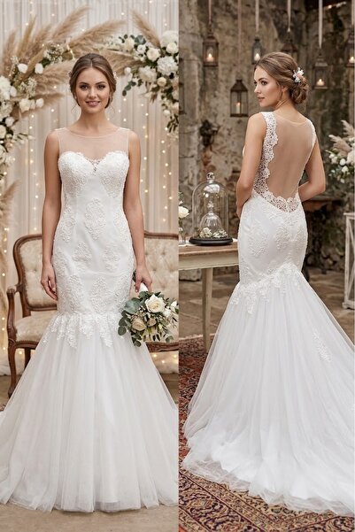 JABO WEDDİNG HOUSE GELİNLİK KIRIK BEYAZ GÜPÜR DETAYLI BALIK GELİNLİK