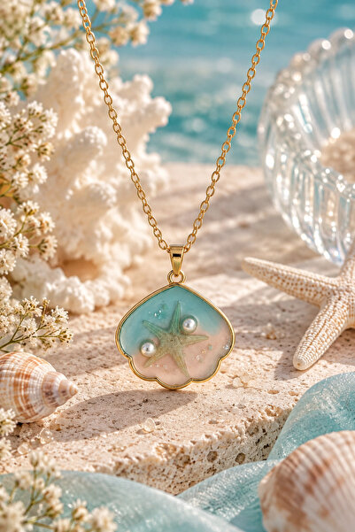 Sylvera Shop Sea Star & Pearl Detailed Shell Shape Resin Steel Necklace (Gold...
