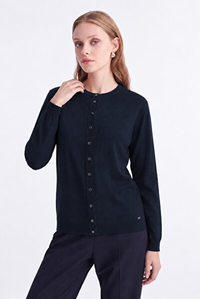 Zühre Button Detailed Ribbed Knitwear Navy Blue Cardigan 0042