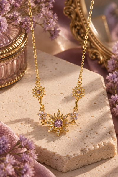 Sylvera Shop Rapunzel Güneş Sembolü Pembe Taşlı Çelik Kolye (Gold Renk)