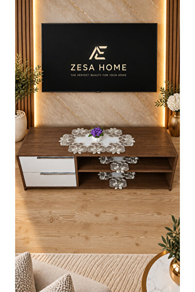 ZESA HOME Luxury French Lace, Linen Gardenia, 3 Piece Tv Unit Cover, Living R...