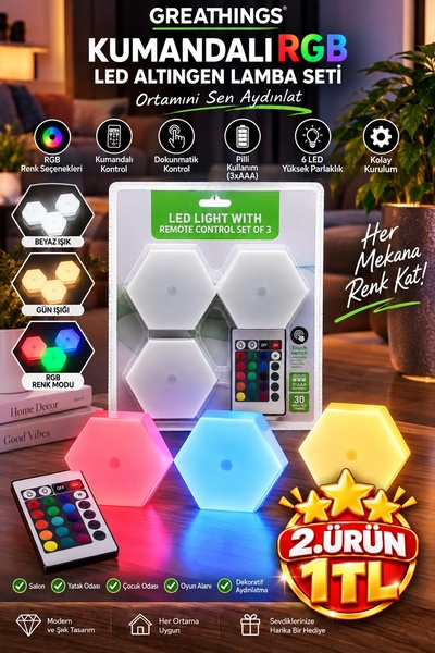 Greathings 3'lü Altıgen RGB LED Lamba Seti 6 LED Kumandalı Pilli Dokunmatik R...