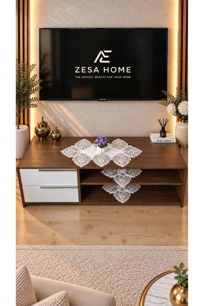 ZESA HOME Luxury French Lace, Linen Gardenia, 3 Piece Tv Unit Cover, Living R...
