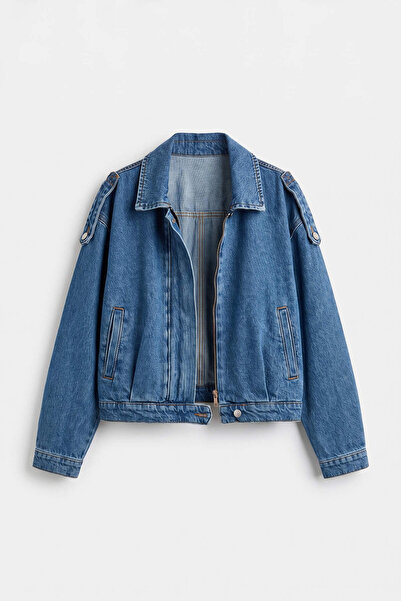 Sue Store Bomber Denim Jacket with Blue Epaulet Detail