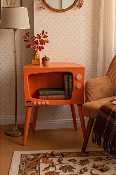 huncar Turuncu Retro TV Sehpa El Yapımı Ahşap Köşe Sehpası Nostaljik Vintage ...
