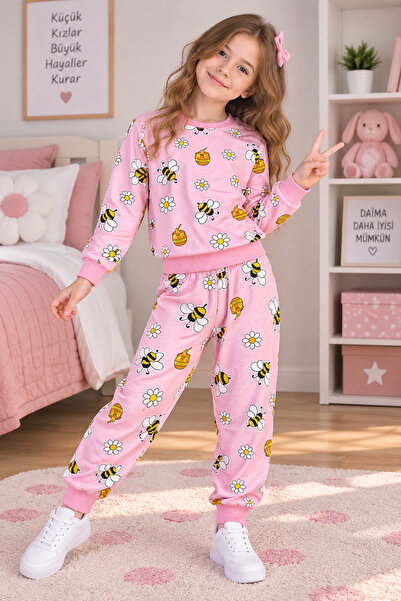 SERPİL Girl's Bee and Flower Patterned 2-Piece Pajama Set Pink