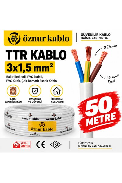 ÖZNUR 3x1,5 mm² TTR Beyaz Kablo 50 metre