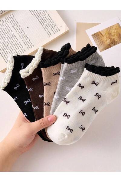 SBA SOCKS 5li Kadın Kurdele Desenli Pikotlu Renkli Patik Çorap