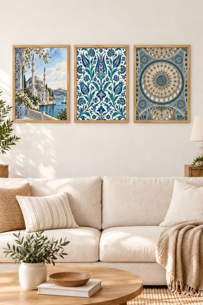HOPE DİZAYN Osmanlı Cami ve Çini Desenli 3’lü Ahşap Çerçeveli Duvar Tablosu Seti