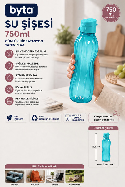 BYTA 750 ml Leak-Proof Water Bottle Flask Bpa Free Ergonomic Design Sports Sc...