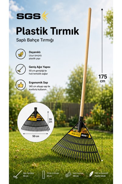SGS Plastik Yaprak ve Çim Tırmığı 50 cm – 140 cm Ahşap Saplı, 175 cm Toplam U...