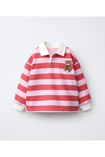 MİNİMELO BABY Çocuk Polo Yaka Çizgili Ayıcık Nakışlı Sweatshirt