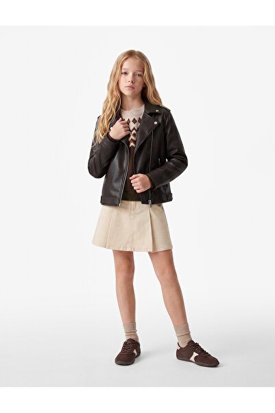 Koton Long Sleeve Zippered Double Breasted Collar Faux Leather Jacket