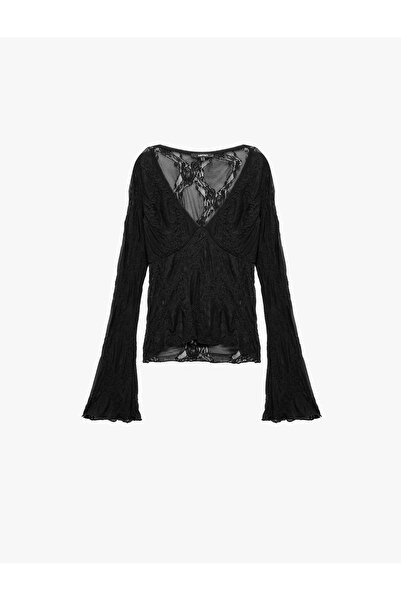 Koton Slim Fit V-Neck Long Spanish Sleeve Lace T-Shirt Semi-Transparent