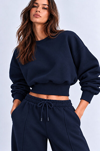 Sun Victoria Lacivert 3 Iplik İçi Şardonlu Kuşaklı Crop Sweatshirt