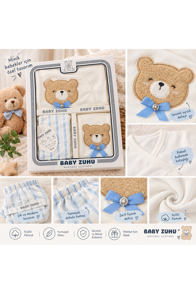 BABY ZUHU Bebek Hastane Çıkışı Seti – Ayıcık Desenli 5’li Set