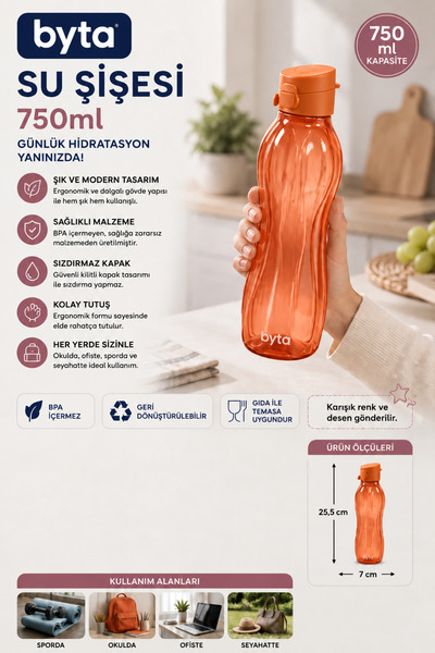 BYTA 750 ml Leak-Proof Water Bottle Flask Bpa Free Ergonomic Design Sports Sc...
