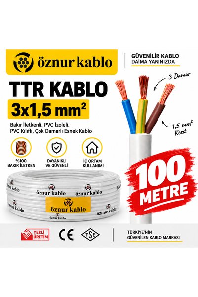 ÖZNUR 3x1,5 mm² TTR Beyaz Kablo 100 metre
