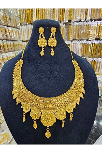 barisiva gold 22 AYAR ALTIN KAPLAMA HİNT KOLYE KÜPE SETİ ŞIK ÇİÇEK DESENLİ