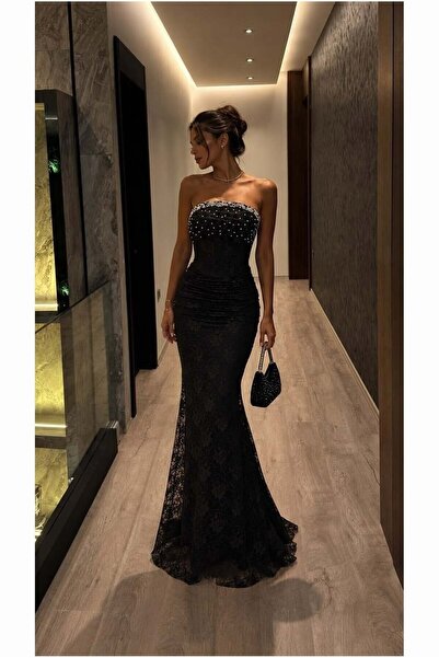 Butik Kadın Modern Straplez Dantel Detaylı Abiye Elbise
