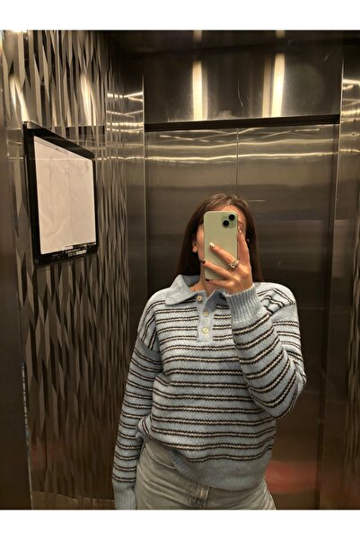 Basic Oversize Polo Yaka Yarım Pat Düğmeli Triko Kazak