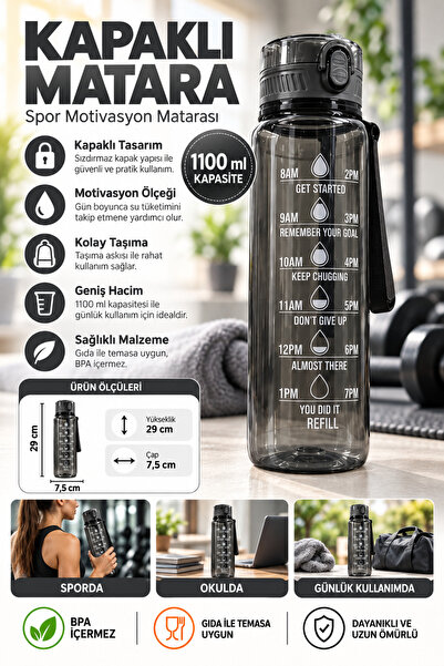 BYTA 1100 ml Motivasyonel Sporcu Matarası Dayanıklı Gövde