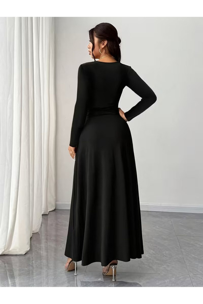 Generic Brand Women's long sleeve heart neck detailed waist ruched deep slit detailed long janjan crepe dress
