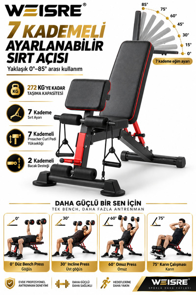 Weisre Ayarlanabilir Ağırlık Sehpası, 7 Kademeli Sırt, Preacher Curl Pedi ve Direnç Bantlı Evde Spor Bench