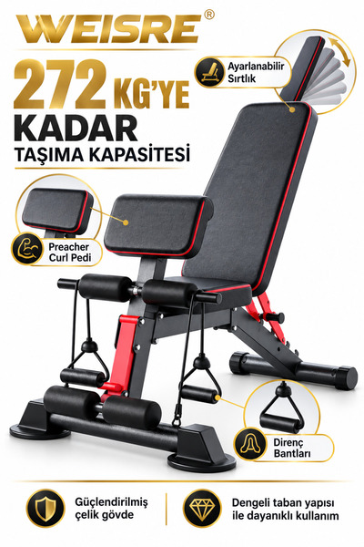 Weisre Ayarlanabilir Ağırlık Sehpası, 7 Kademeli Sırt, Preacher Curl Pedi ve Direnç Bantlı Evde Spor Bench