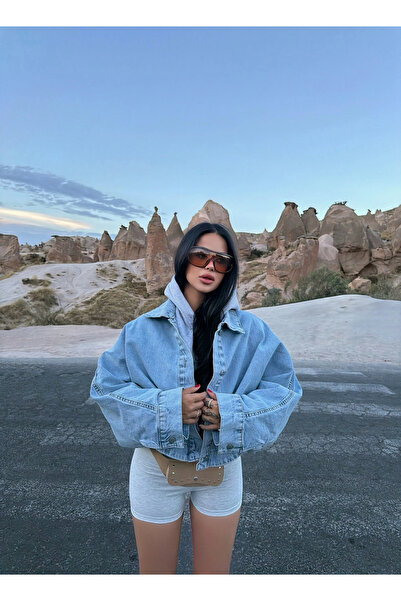 kırmızı butiks Balon Kollu Cropped Denim Ceket