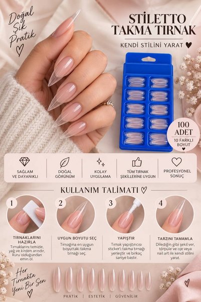 Esaura butik | 100'lü Kutulu Şeffaf Stiletto Takma Tırnak Seti