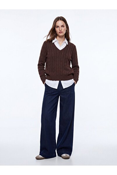 Ltb Slim Fit V-Neck Knitwear Brown Sweater