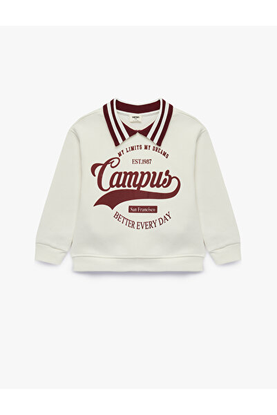 Koton Raised Printed Long Sleeve Oversize Polo Collar Sweatshirt