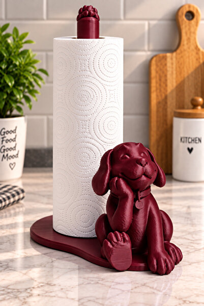 Zen Dog Dekoratif Sevimli Köpek Kağıt Havluluk Bordo – Modern Mutfak ve Masaüstü Kağıt Havlu Standı